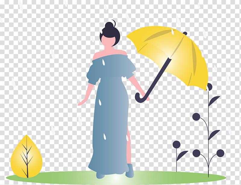 raining spring woman, Spring
, Umbrella, Yellow, Cartoon, Standing transparent background PNG clipart