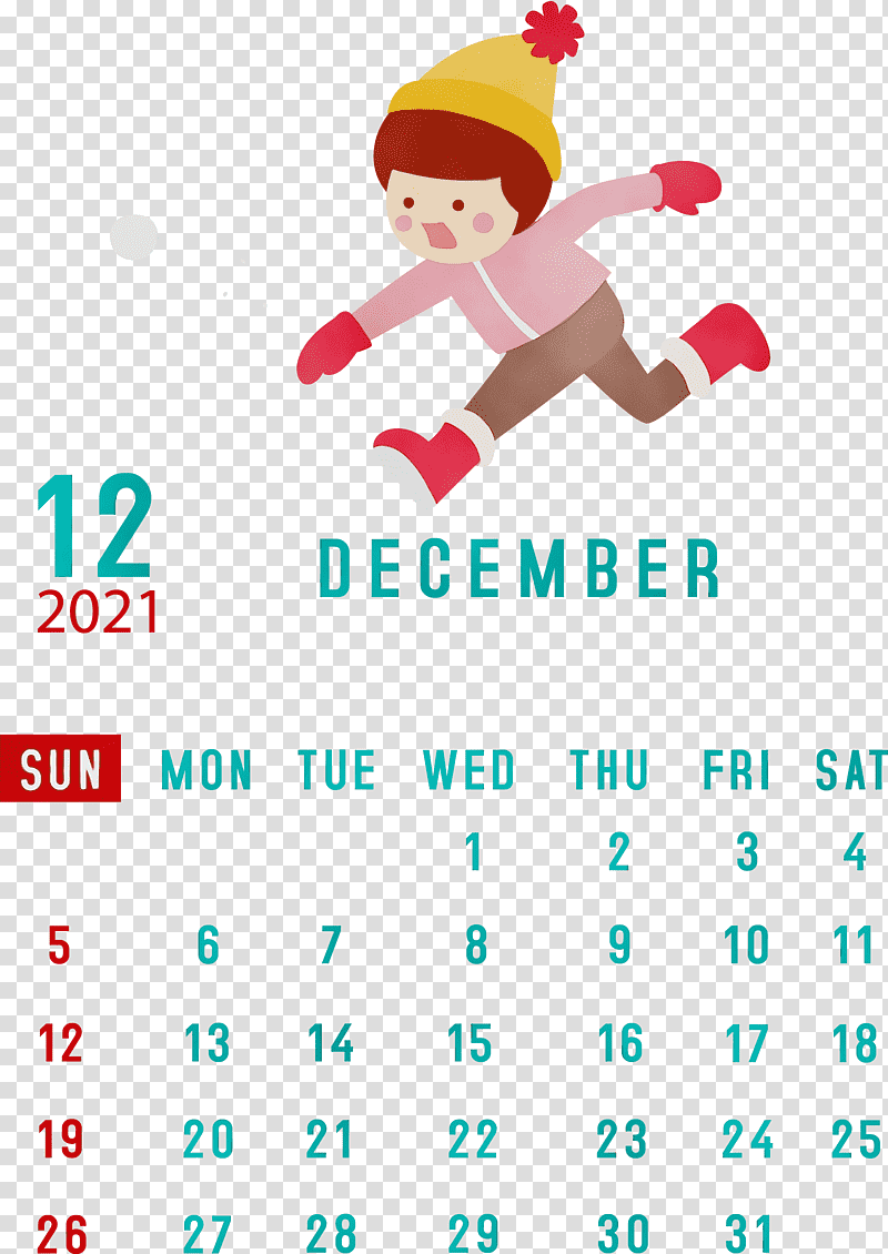 Christmas Day, December 2021 Printable Calendar, December 2021 Calendar, Watercolor, Paint, Wet Ink, Cartoon transparent background PNG clipart