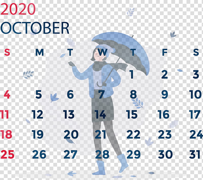 New Year, October 2020 Calendar, October 2020 Printable Calendar, Watercolor, Paint, Wet Ink, Calendar System, Holiday transparent background PNG clipart