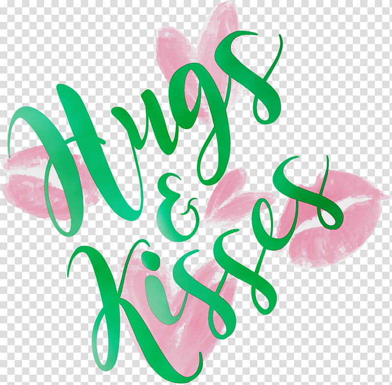 text green font pink calligraphy, Valentines Day, Hugs And Kisses, Watercolor, Paint, Wet Ink, Logo transparent background PNG clipart
