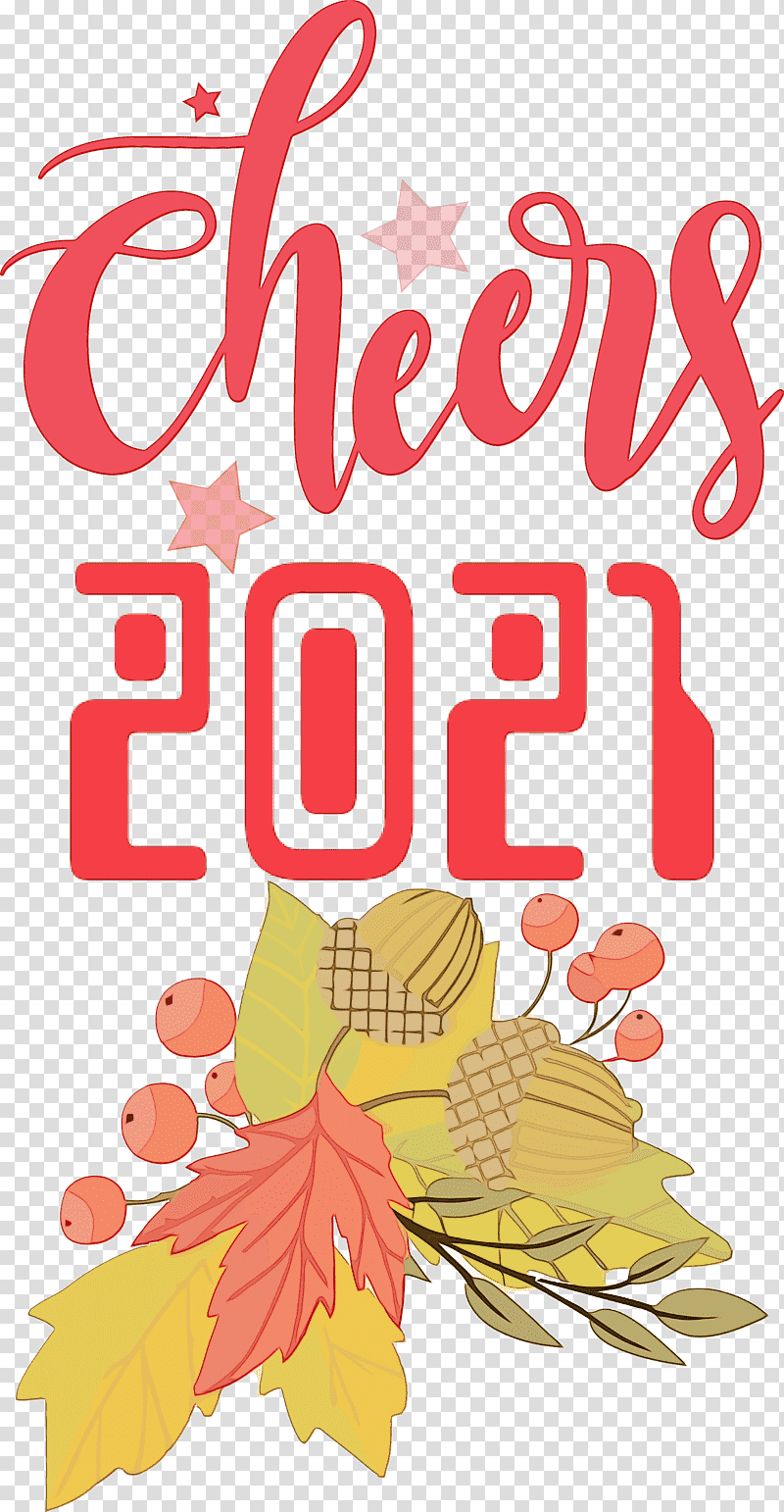 Floral design, Cheers 2021 New Year, Watercolor, Paint, Wet Ink, Leaf, Petal transparent background PNG clipart