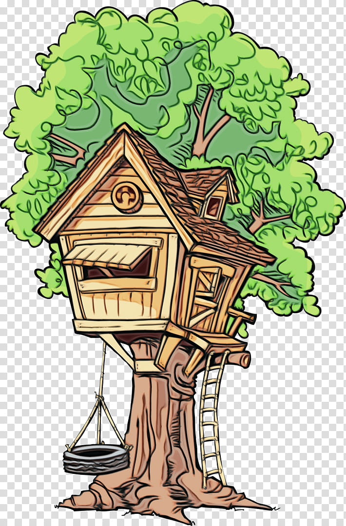 green tree house cartoon tree plant, Watercolor, Paint, Wet Ink transparent background PNG clipart