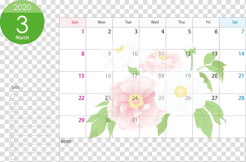 March 2020 Calendar March 2020 Printable Calendar 2020 Calendar, Text, Pink, Petal, Line, Plant, Flower, Floral Design transparent background PNG clipart