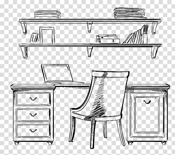 furniture desk table line computer desk, Chair, Line Art, Technical Drawing transparent background PNG clipart