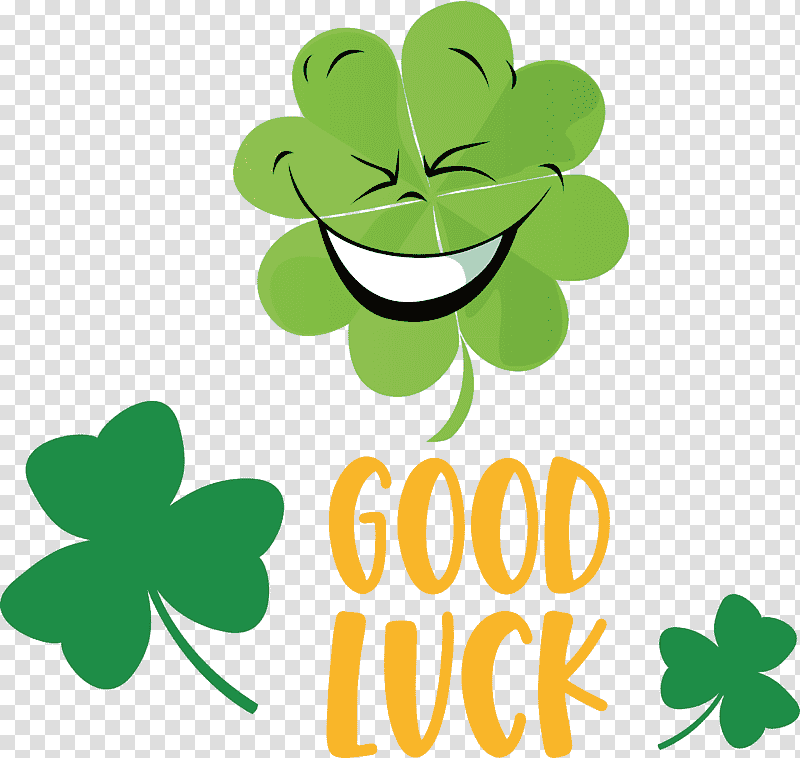 Good Luck Saint Patrick Patricks Day, Smiley, Animation, Cartoon, Clover, Fourleaf Clover, Green transparent background PNG clipart