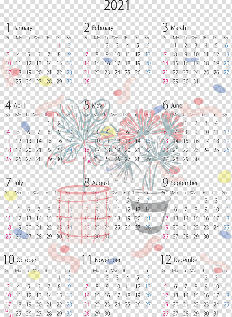 New Year, 2021 Yearly Calendar, Watercolor, Paint, Wet Ink, Calendar System, Month transparent background PNG clipart