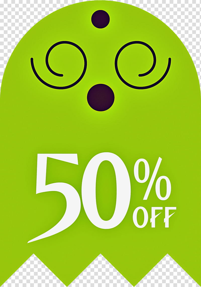 Halloween discount Halloween Sales 50% Off, 50 Off, 50 Discount , Smiley, Logo, Green, Meter, Line transparent background PNG clipart