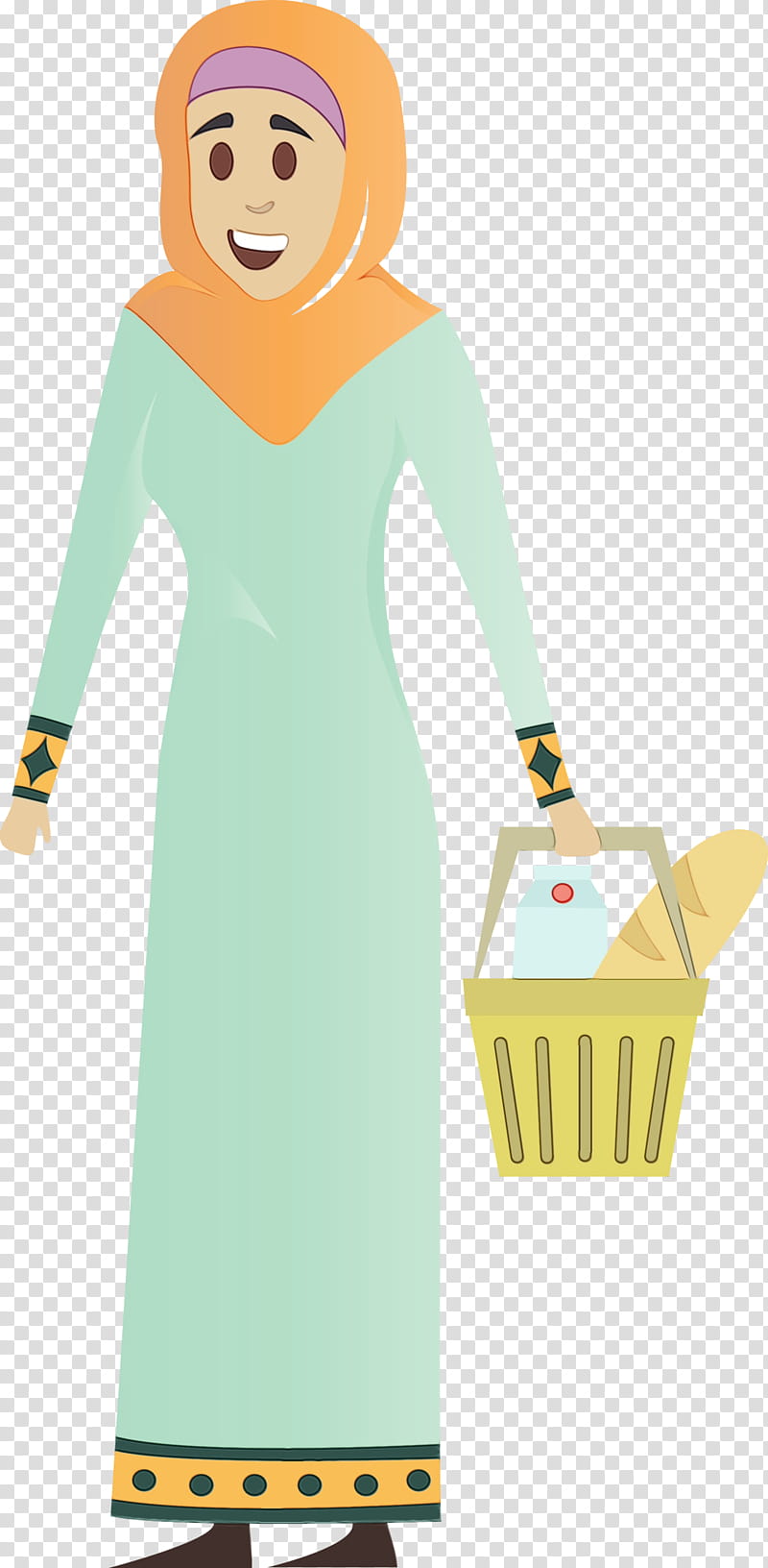 cartoon green dress costume, Arabic Woman, Arabic Girl, Watercolor, Paint, Wet Ink, Cartoon transparent background PNG clipart