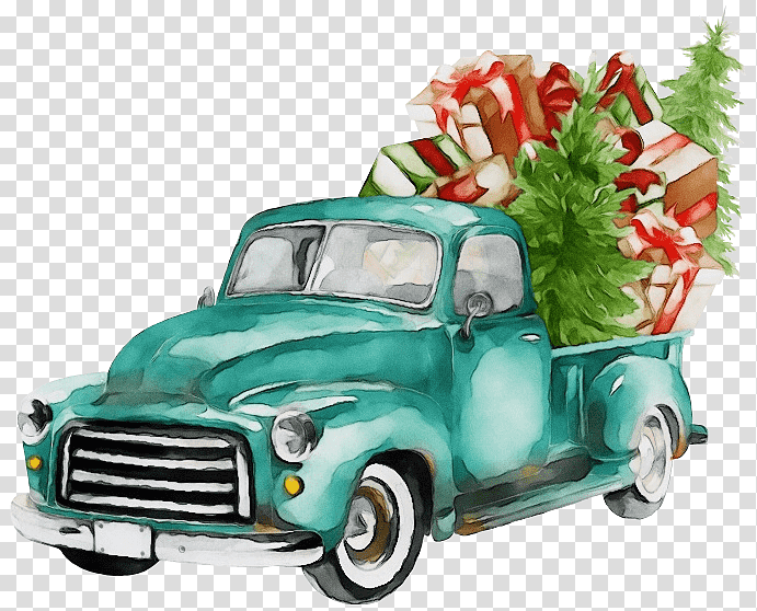 Christmas Day, Watercolor, Paint, Wet Ink, Pickup Truck, Christmas Tree, Chevrolet Silverado transparent background PNG clipart