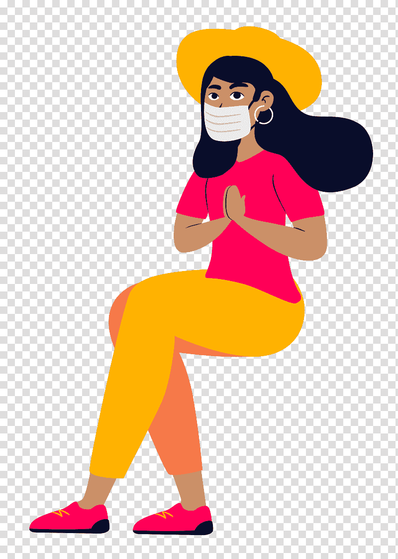 girl with mask girl mask, Cartoon, Shoe, Yellow, Sitting, Physical Fitness, Happiness transparent background PNG clipart