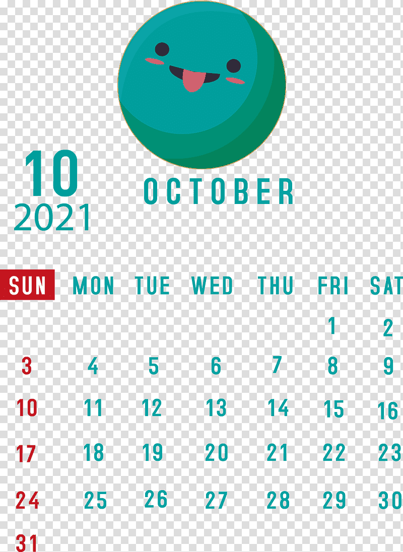 October 2021 Printable Calendar October 2021 Calendar, Logo, Aqua M, Green, Line, Meter, Calendar System transparent background PNG clipart