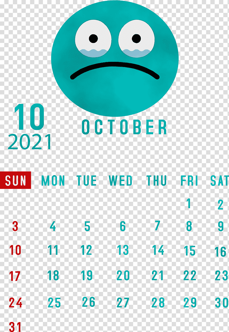 Emoticon, October 2021 Printable Calendar, Watercolor, Paint, Wet Ink, Smiley, Happiness transparent background PNG clipart