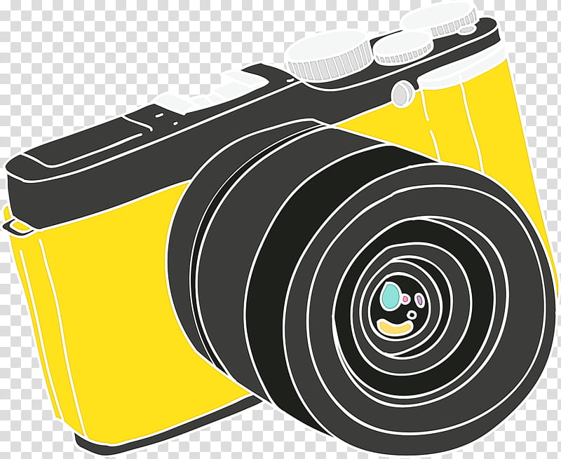 Camera lens, Cartoon Camera, Watercolor, Paint, Wet Ink, Mirrorless Interchangeablelens Camera, Yellow, Angle transparent background PNG clipart