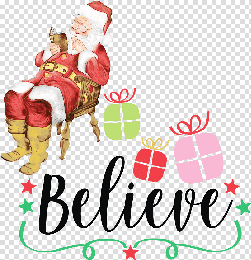 Christmas Day, Believe, Santa, Christmas , Watercolor, Paint, Wet Ink transparent background PNG clipart