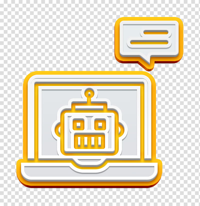 Laptop icon Robots icon Bot icon, Text, Yellow, Line, Logo, Label, Sticker, Rectangle transparent background PNG clipart