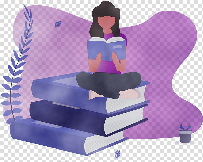 violet purple furniture sitting games, Girl, Book, Reading, Watercolor, Paint, Wet Ink transparent background PNG clipart