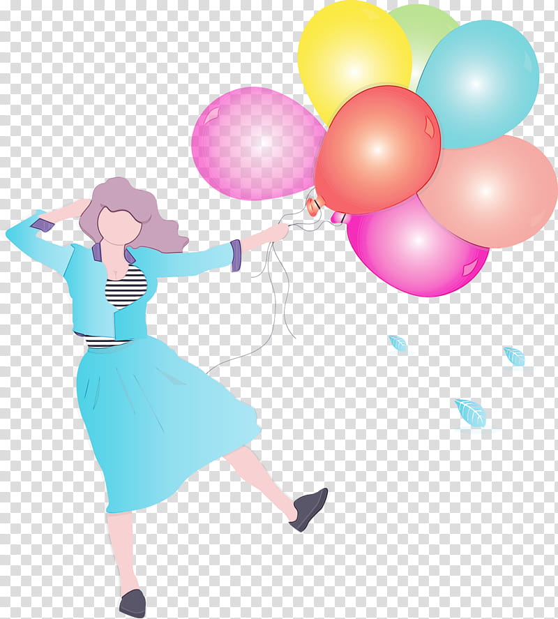 balloon party supply pink gesture play, Girl, Happy, Watercolor, Paint, Wet Ink transparent background PNG clipart