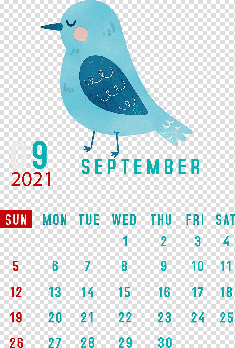 htc hero birds beak meter teal, September 2021 Printable Calendar, Watercolor, Paint, Wet Ink transparent background PNG clipart