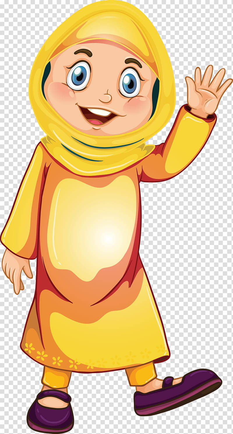 Muslim People, Cartoon, Yellow, Waving Hello, Gesture, Smile, Pleased transparent background PNG clipart