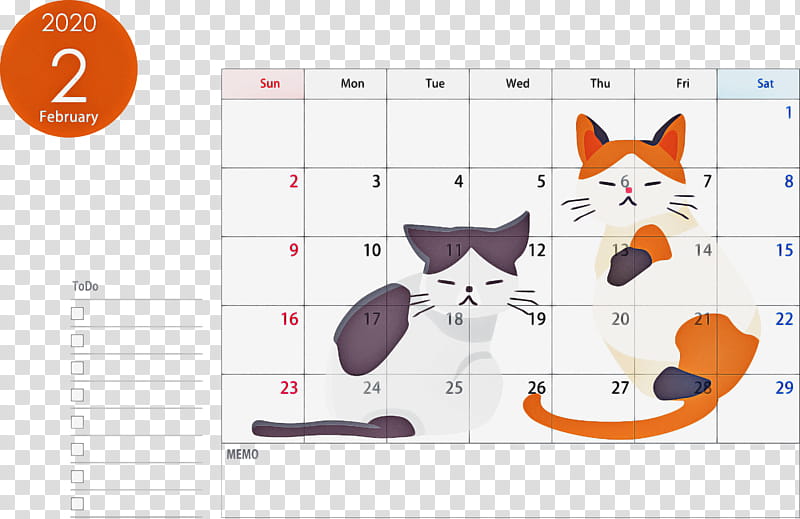 February 2020 Calendar February 2020 Printable Calendar 2020 Calendar, Line, Cat, Kitten, Whiskers transparent background PNG clipart