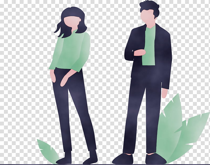 green standing uniform costume gesture, Modern Couple, Man, Girl, Watercolor, Paint, Wet Ink transparent background PNG clipart