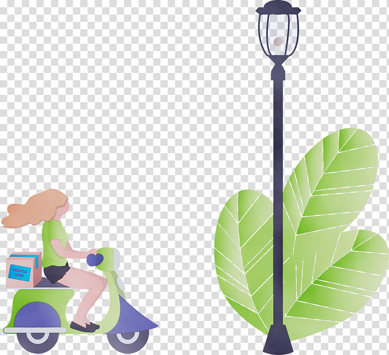 transport leaf plant vehicle kick scooter, Street Light, Motorcycle, Delivery, Girl, Watercolor, Paint, Wet Ink transparent background PNG clipart