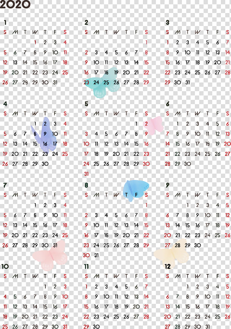 2020 yearly calendar Printable 2020 Yearly Calendar Year 2020 Calendar, Text, Line transparent background PNG clipart