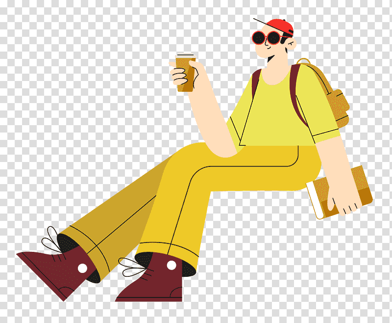 man sitting on chair, Cartoon, Character, Yellow, Angle, Joint, Happiness transparent background PNG clipart