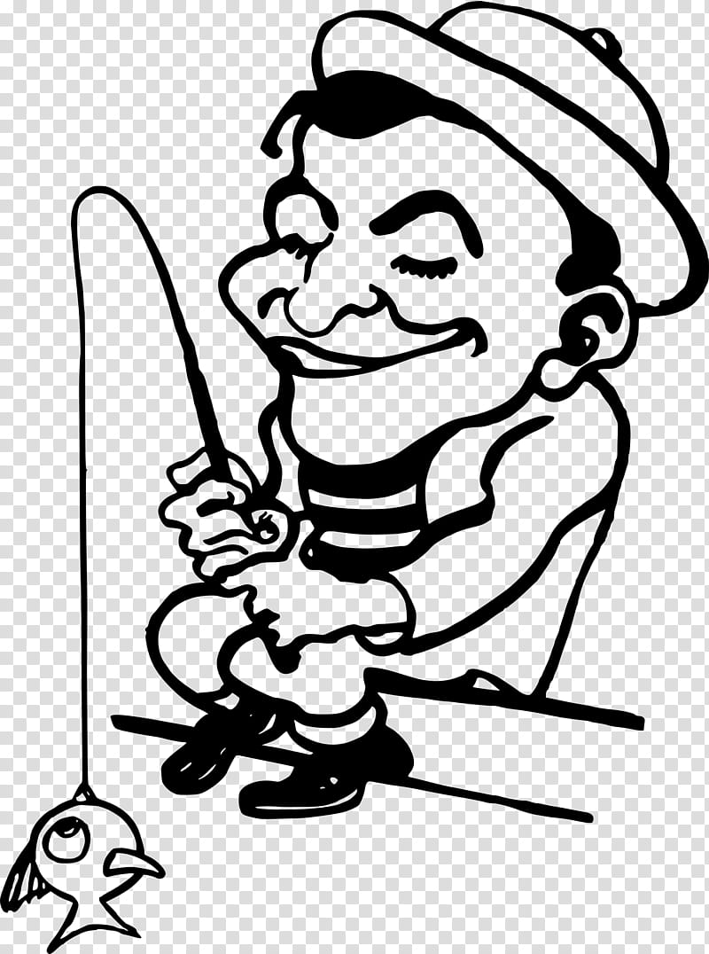 Fishing, Fisherman, Hobby, Cartoon, Drawing, White, Facial Expression, Blackandwhite transparent background PNG clipart