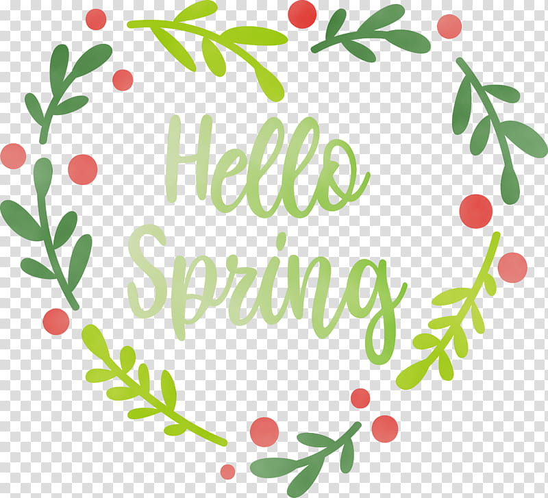 text font leaf plant branch, Hello Spring, Spring
, Watercolor, Paint, Wet Ink, Superfruit, Flower transparent background PNG clipart