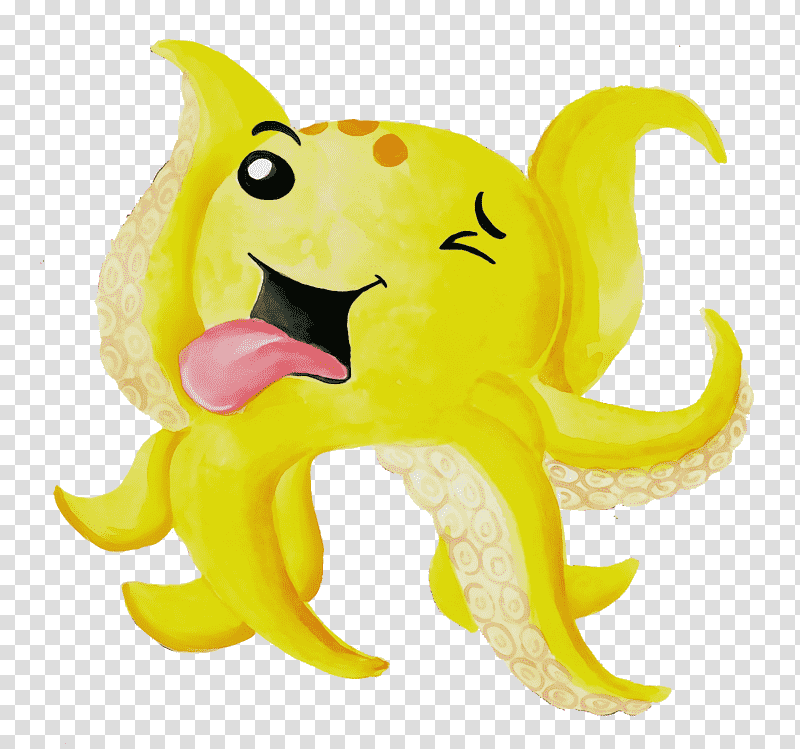 octopus fish yellow cartoon animal figurine, Watercolor, Paint, Wet Ink, Fruit, Science, Biology transparent background PNG clipart