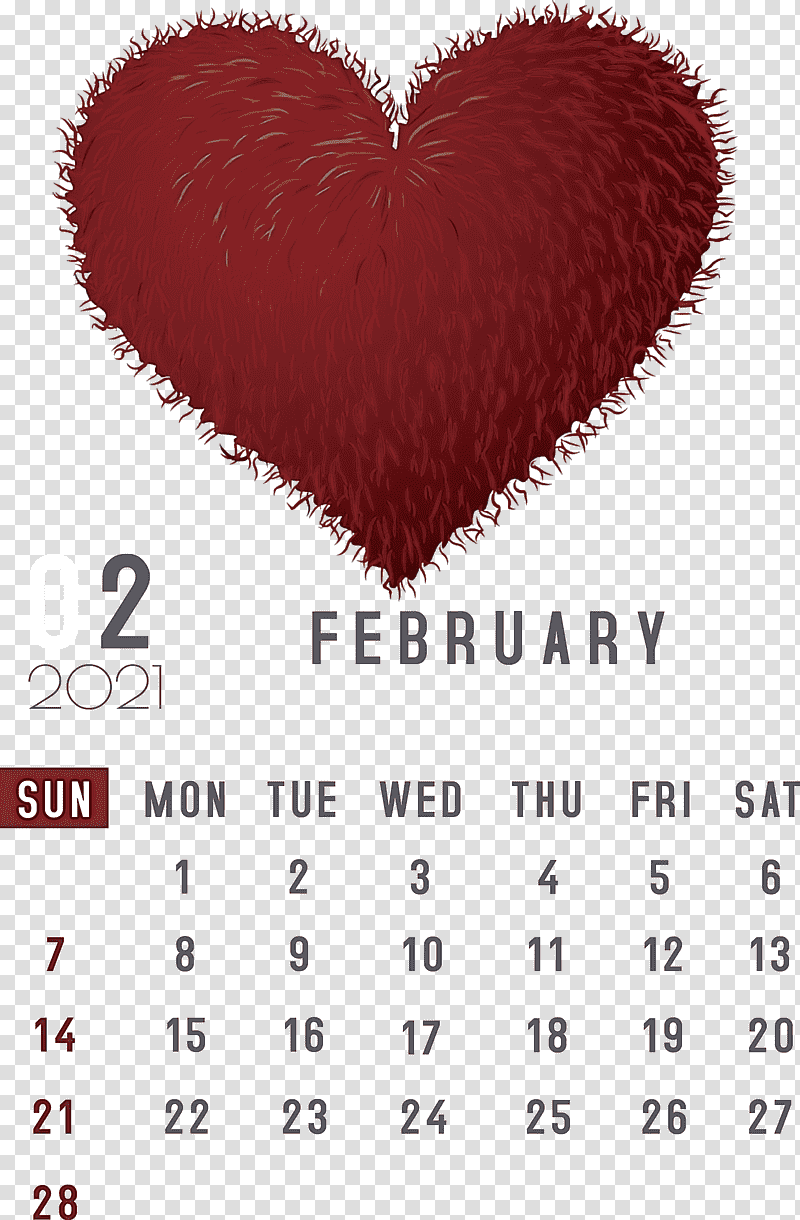 February 2021 Printable Calendar February Calendar 2021 Calendar, Valentines Day, February 14, Calendar System, Meter, M095 transparent background PNG clipart
