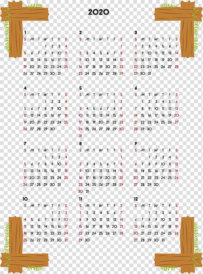 2020 yearly calendar Printable 2020 Yearly Calendar Year 2020 Calendar, Text, Line transparent background PNG clipart