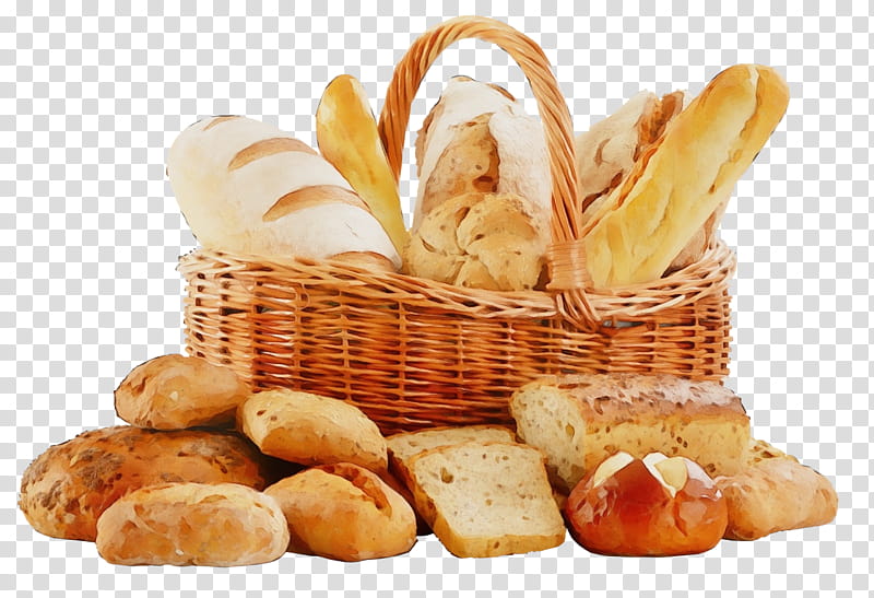 food bread basket ingredient junk food, Watercolor, Paint, Wet Ink, Baguette, Taralli, Cuisine, Storage Basket transparent background PNG clipart