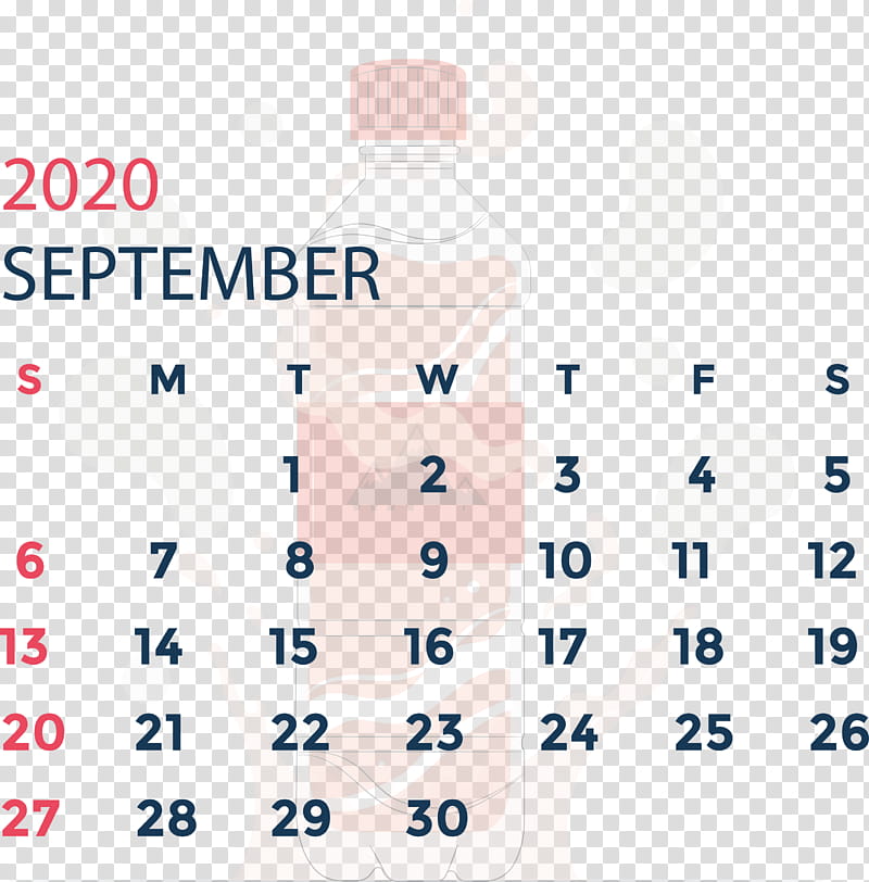 September 2020 Calendar September 2020 Printable Calendar, Plastic Bottle, Water Bottle, Line, Point, Area, Calendar System, International Spa Association transparent background PNG clipart