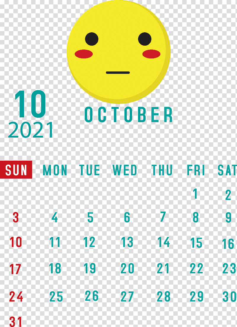 October 2021 Printable Calendar October 2021 Calendar, Smiley, Emoticon, Happiness, Yellow, Meter, Line transparent background PNG clipart