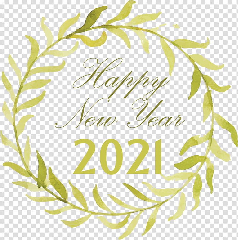 Happy New Year 2021 Welcome 2021 Hello 2021, Floral Design, Meter, Calligraphy, Leaf, Yellow, Line, Plants transparent background PNG clipart