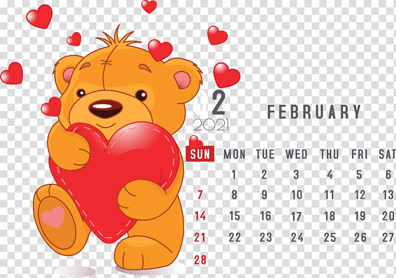 February 2021 Printable Calendar February Calendar 2021 Calendar, Bears, Giant Panda, Teddy Bear, Heart, Love Hearts, Cuteness transparent background PNG clipart