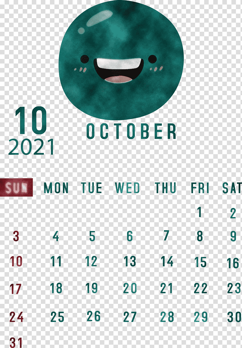 October 2021 Printable Calendar October 2021 Calendar, Htc Hero, Green, Teal, Turquoise, Meter, Calendar System transparent background PNG clipart