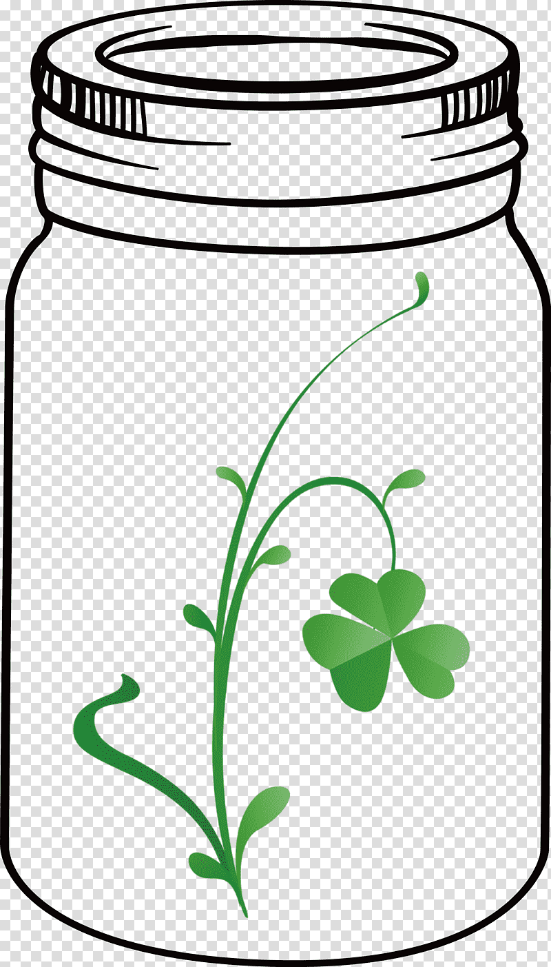 St Patricks Day Mason Jar, Line Art, Leaf, Plant Stem, Flower, Green, Tree transparent background PNG clipart