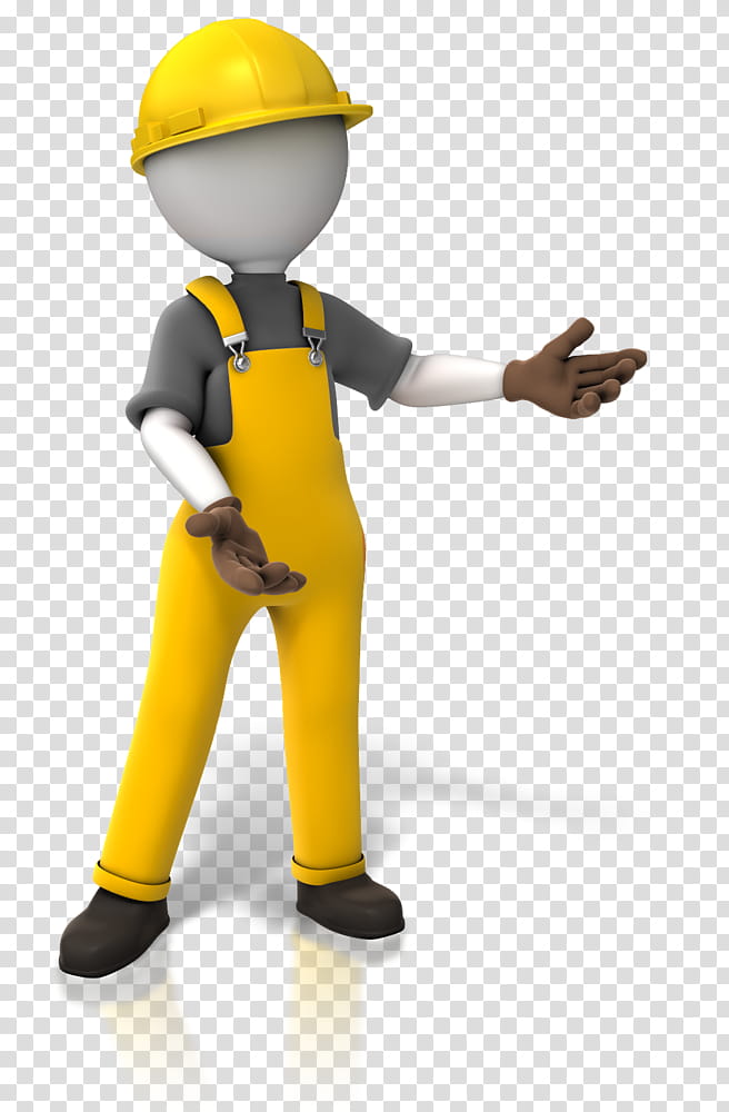 construction worker cartoon yellow standing job, Engineer, Hard Hat, Finger, Workwear, Gesture, Figurine, Personal Protective Equipment transparent background PNG clipart