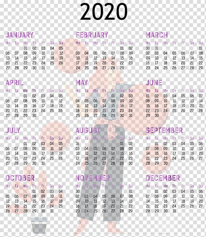 calendar system font purple line meter, 2020 Yearly Calendar, Printable 2020 Yearly Calendar Template, Full Year Calendar 2020, Watercolor, Paint, Wet Ink transparent background PNG clipart