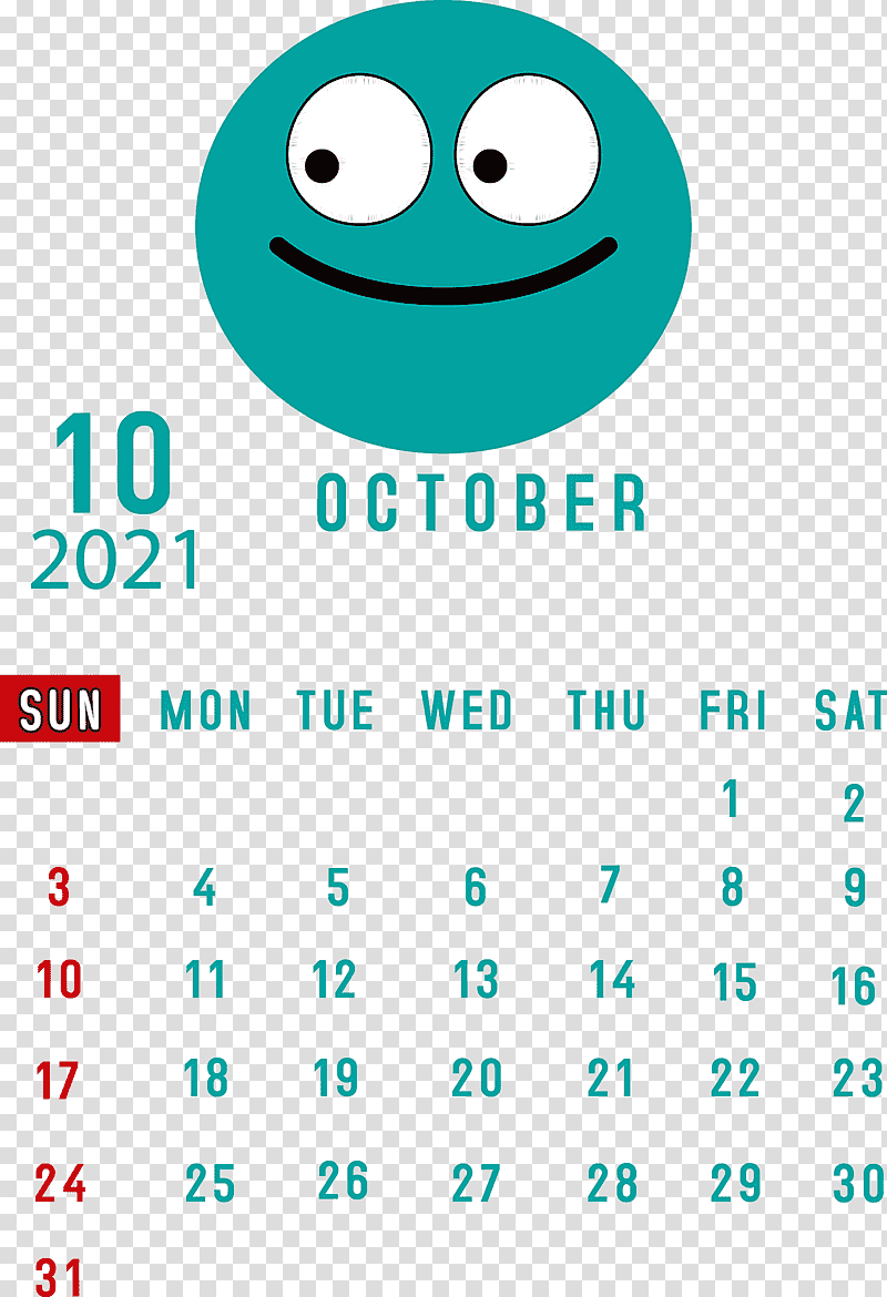 October 2021 Printable Calendar October 2021 Calendar, Smiley, Emoticon, Logo, Happiness, Aqua M, Green transparent background PNG clipart