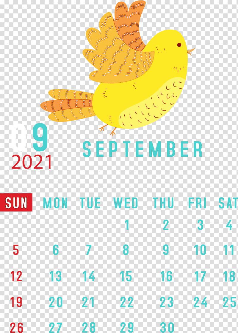 birds beak yellow text calendar system, September 2021 Printable Calendar, Watercolor, Paint, Wet Ink, Android transparent background PNG clipart