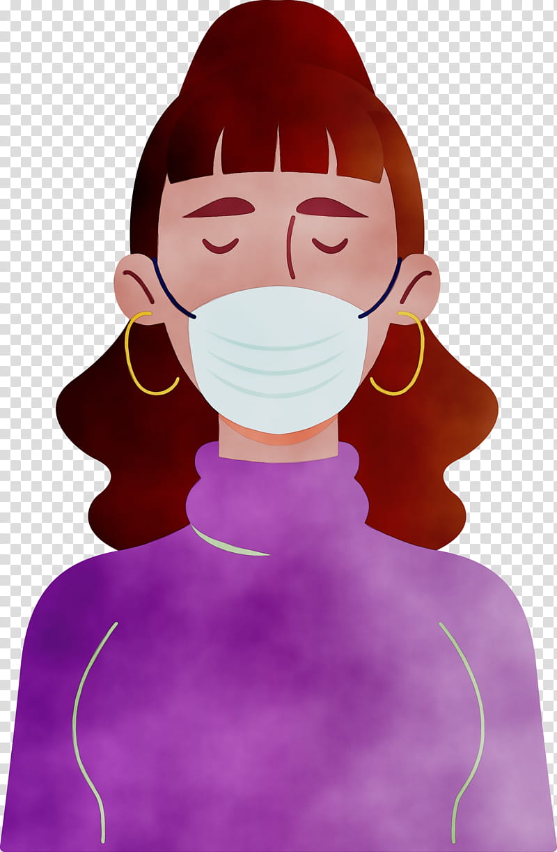 cartoon nose purple neck magenta, Wearing Mask, Coronavirus, Watercolor, Paint, Wet Ink, Cartoon, Animation transparent background PNG clipart