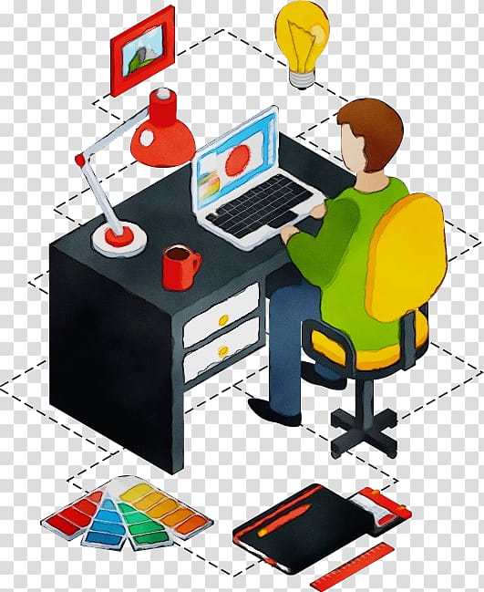 desk telecommuting computer chair business, Watercolor, Paint, Wet Ink, Office, Office Chair, Coworking, Workplace transparent background PNG clipart
