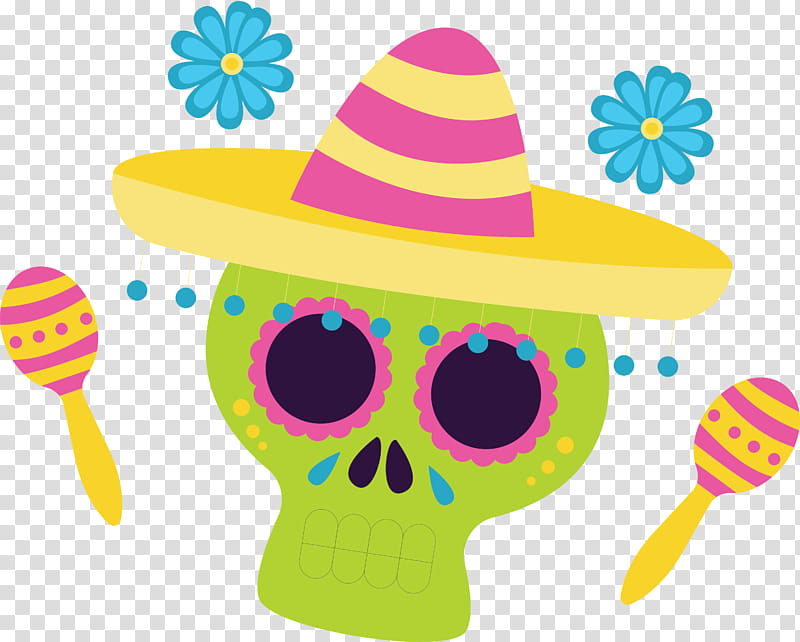 Day of the Dead Día de Muertos Mexico, Dia De Muertos, Sombrero, Party Hat, Yellow, Meter, Glasses transparent background PNG clipart