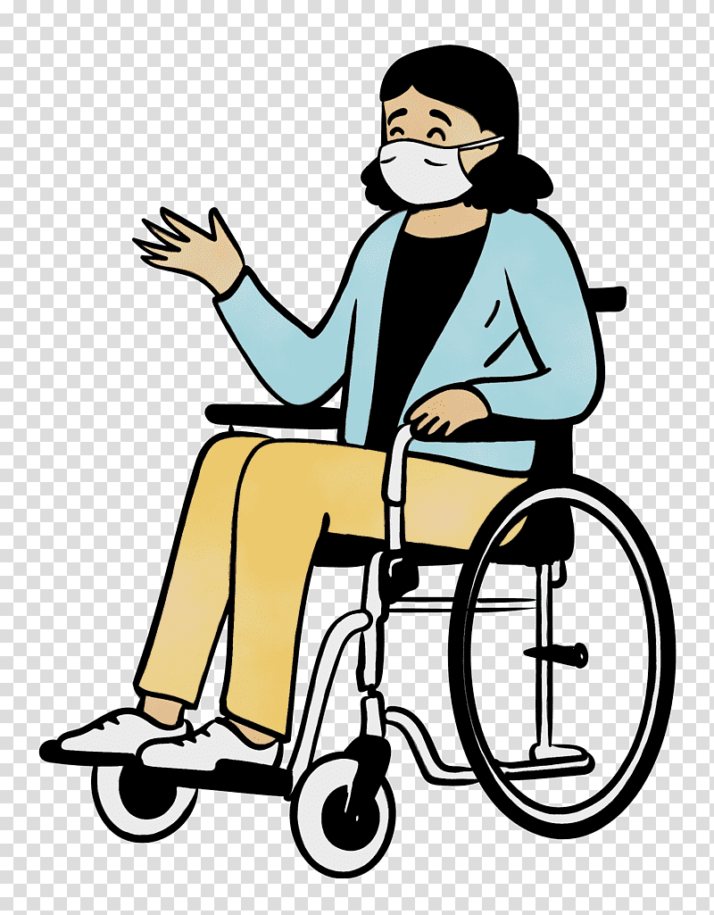 wheelchair chair sitting cartoon meter, Woman, Medical Mask, Watercolor, Paint, Wet Ink, Behavior transparent background PNG clipart