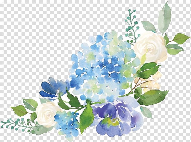 flower blue plant watercolor paint cut flowers, Hydrangea, Bouquet, Petal, Delphinium, Cornales, Hydrangeaceae, Wildflower transparent background PNG clipart