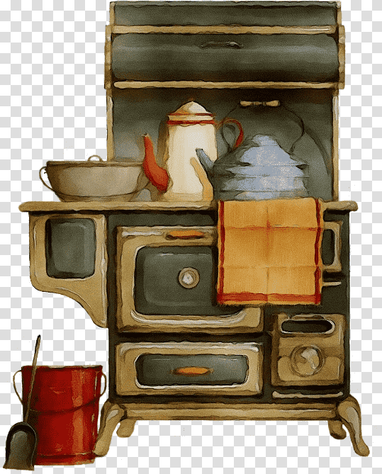 wood-burning stove furniture cooker hearth shelf, Watercolor, Paint, Wet Ink, Woodburning Stove, Antique, Kitchen transparent background PNG clipart